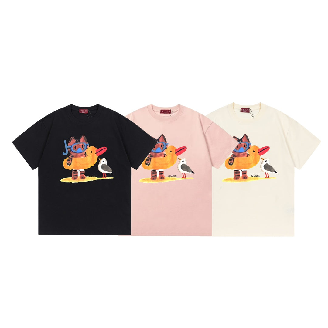 Set of three short-sleeve T-shirts: black, pink, and white, each with character graphic