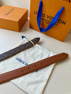 Louis Vuitton belt with brown leather strap, silver-tone LV buckle, laid on pouch.