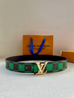 Louis Vuitton belt with green check canvas pattern and silver LV buckle