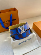Louis Vuitton belt with blue and black check pattern and silver LV buckle