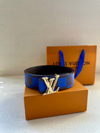 Louis Vuitton belt with blue and black checked strap and silver LV buckle