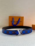 Louis Vuitton belt with blue and black check strap and silver LV buckle