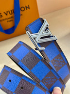 Louis Vuitton belt with blue and black checked strap and silver buckle