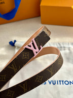 Louis Vuitton belt end with pink LV buckle on dark monogram strap