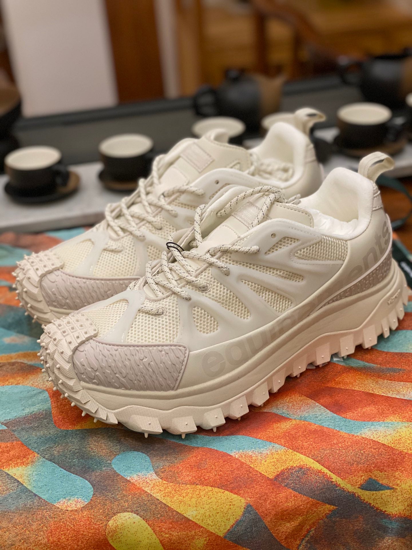 Moncler luxury shoes white lace-up with perforated panels and raised tread outsole
