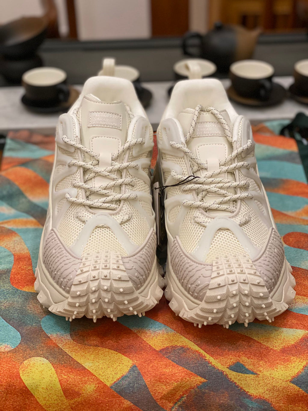Moncler luxury shoes white lace-up sneakers, rear view with padded heel collar