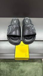 Dark slide sandals with FF logo straps and contoured footbed