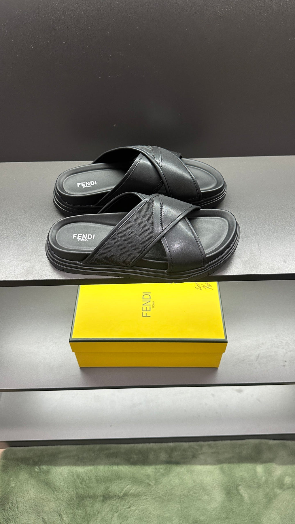 Fendi black slide sandals with crossed wide straps