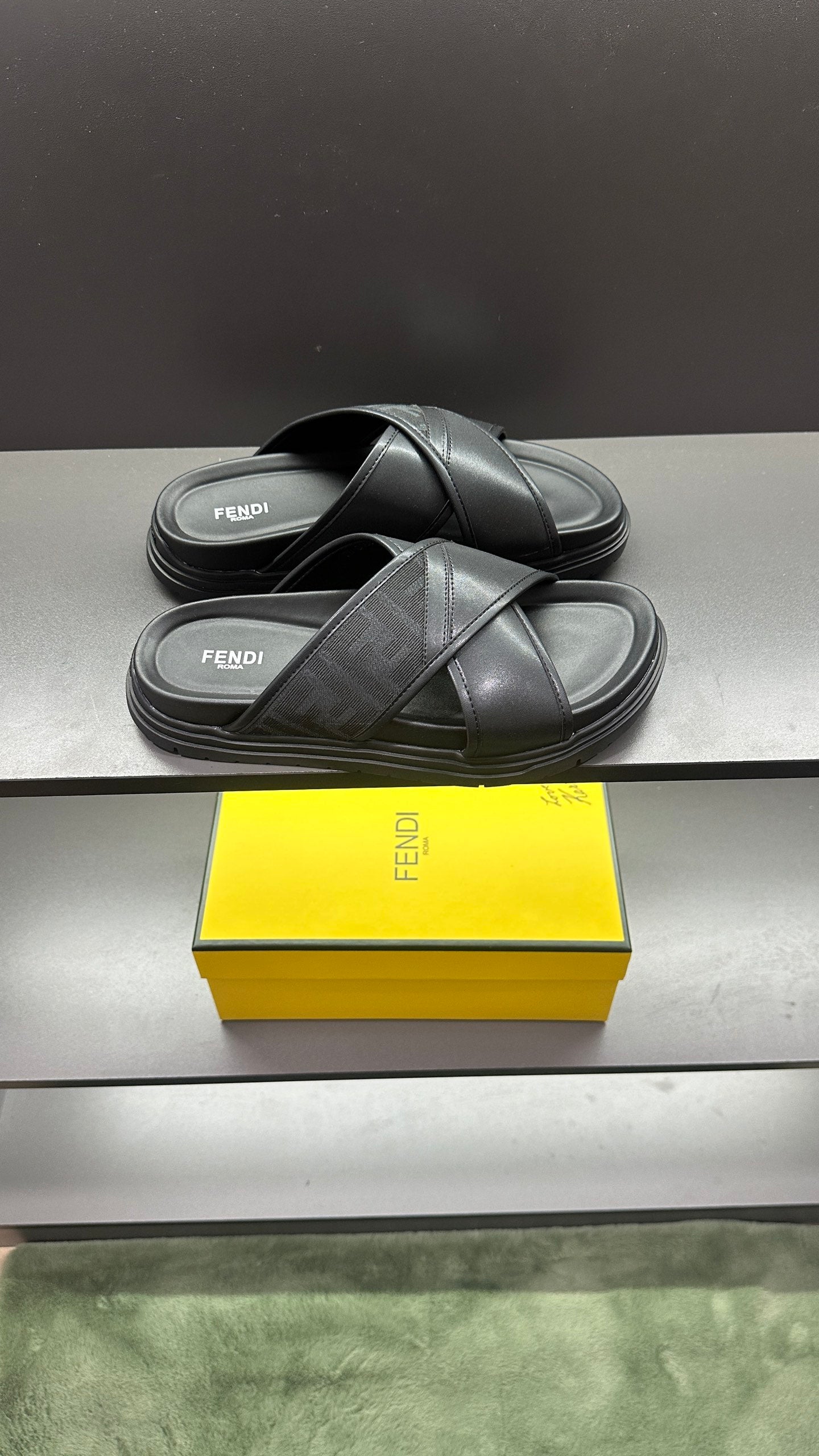 Fendi black slide sandals with crossed wide straps