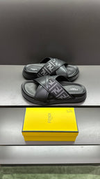 Fendi leather slide sandals with FF monogram strap, black, side view