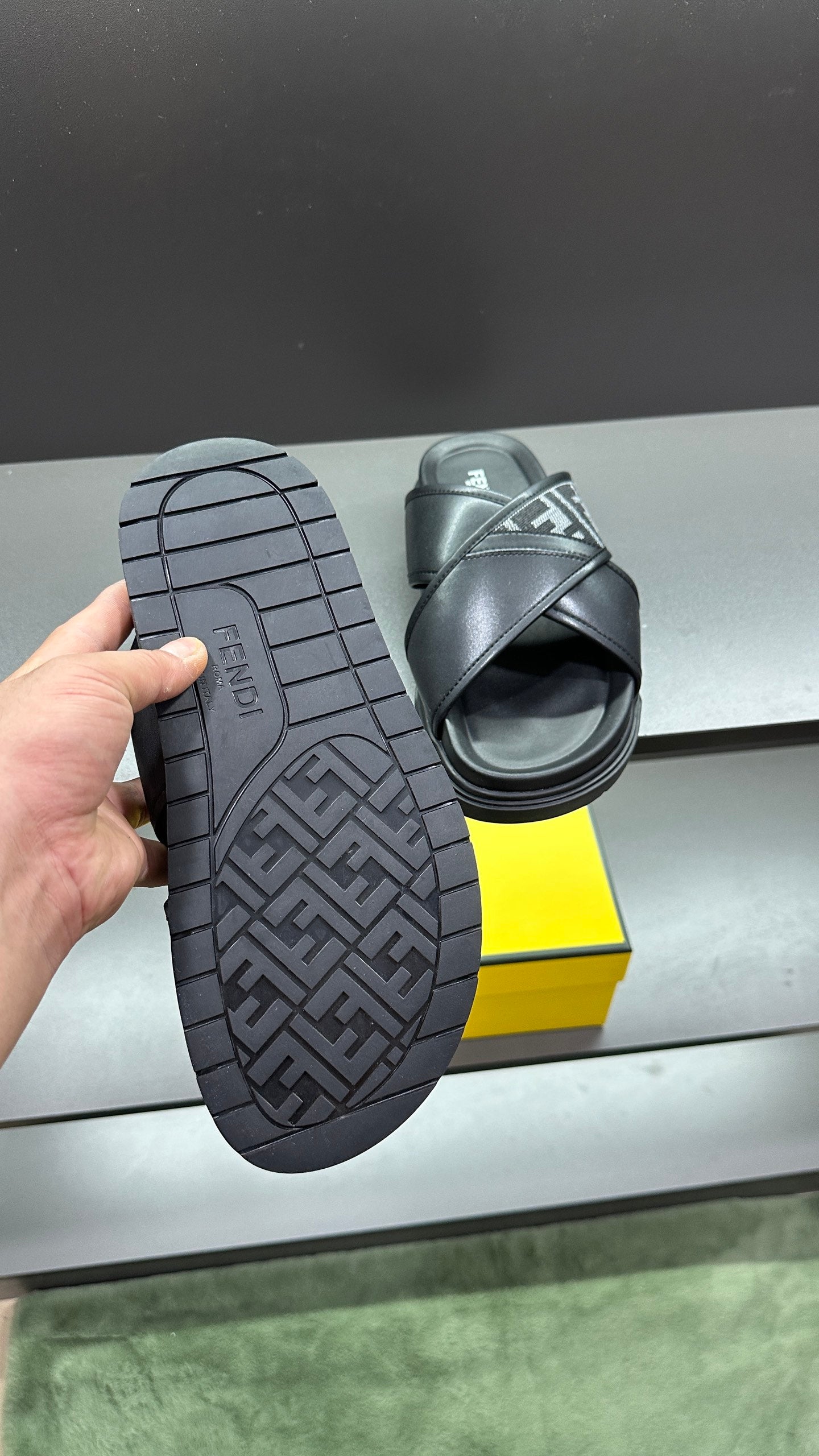 Fendi rubber outsole for slide sandals, patterned tread, black