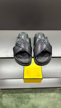 Fendi leather sandals with crossed straps and FF logo, black, slide design
