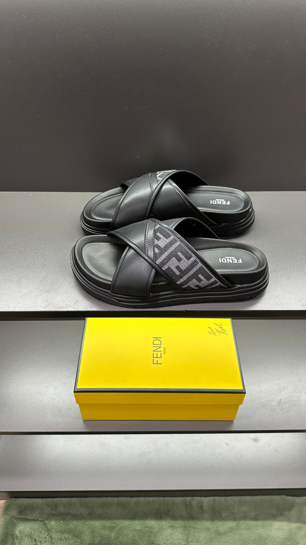 Fendi leather slide sandals with FF logo strap, black, open toe