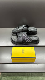 Fendi leather slide sandals with FF logo strap, black, open toe