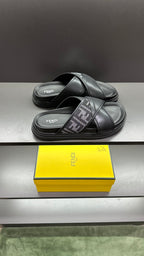 Fendi leather slide sandals with FF monogram straps, black, cushioned sole