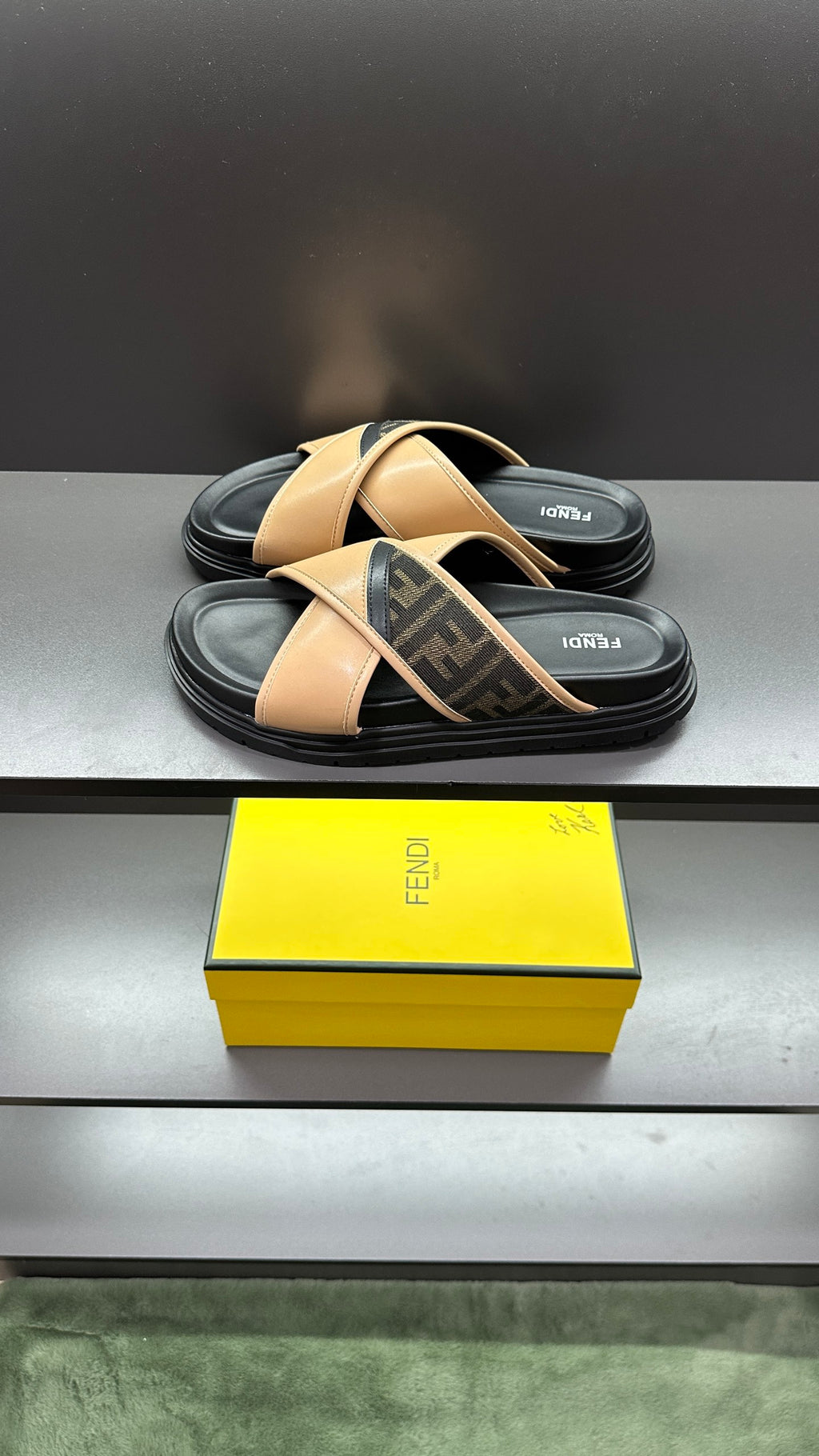Fendi slide sandals with beige wide straps, dark logo insets, black platform sole