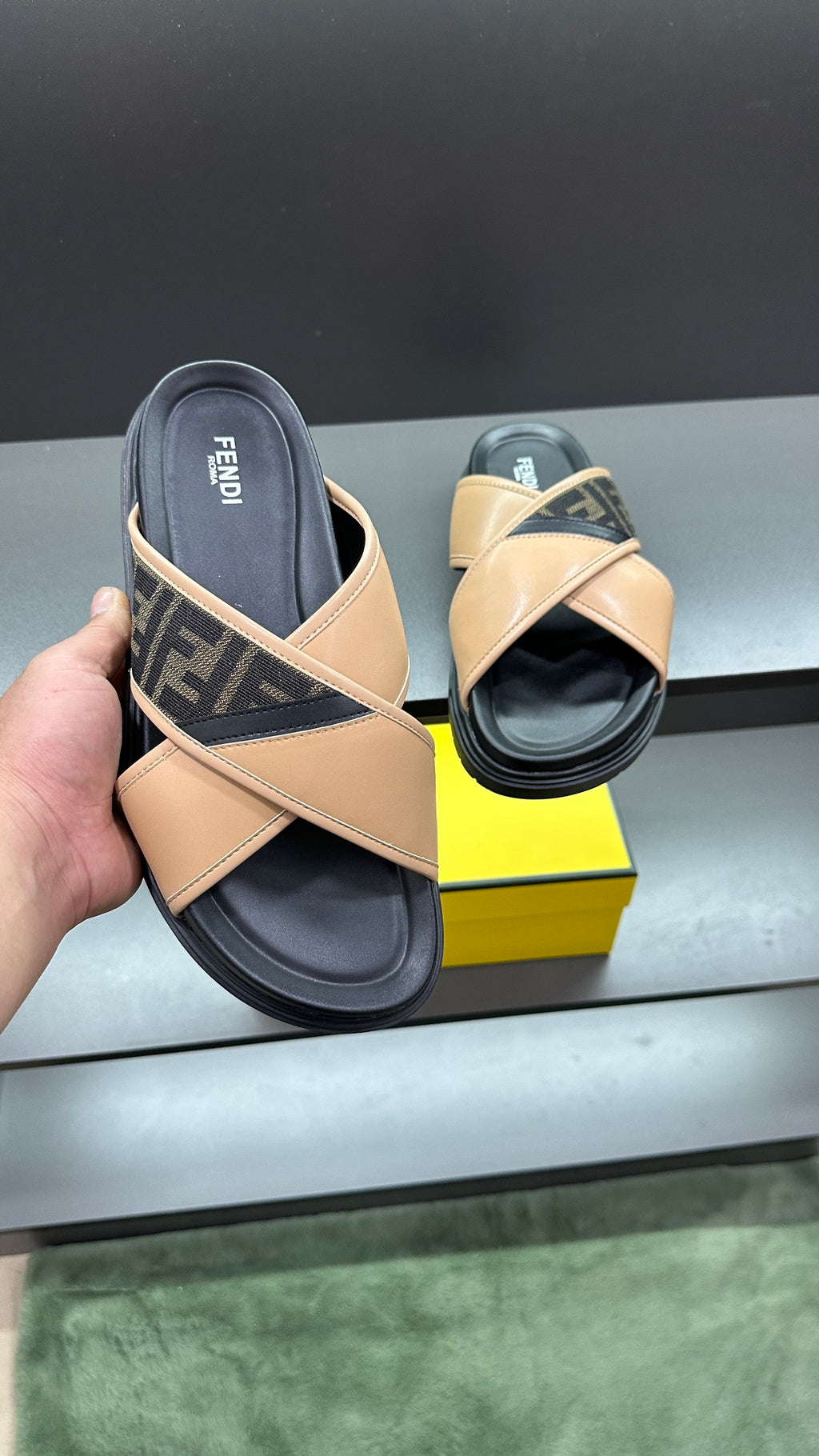 Fendi slide sandals, beige cross strap with dark logo lining, black sole
