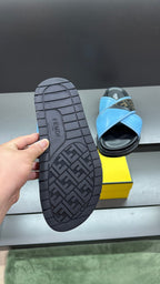 Fendi sandals with textured tread outsole and blue upper, viewed from the bottom