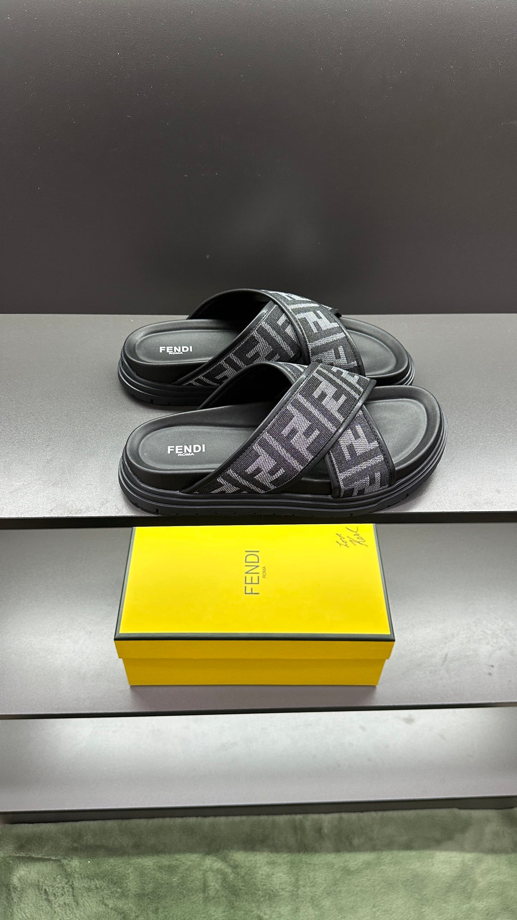 Fendi FF logo slide sandals, dark gray straps with open toe and cushioned footbed