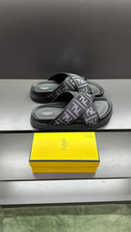 Fendi FF logo slide sandals, dark gray straps with open toe and cushioned footbed