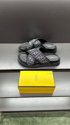 Fendi FF logo slide sandals stacked, dark gray wide straps and thick dark soles