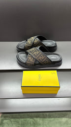 Fendi slide sandals with FF logo straps and dark cushioned footbed