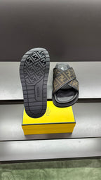 Fendi slide sandals outsole view, tread pattern with FF logo branding