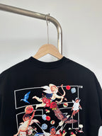 Off-White dark T-shirt back graphic with figures and roses