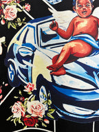 Off-White dark T-shirt graphic close-up with kneeling woman and roses