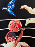 Black T-shirt close-up: flying birds and basketball illustration graphic