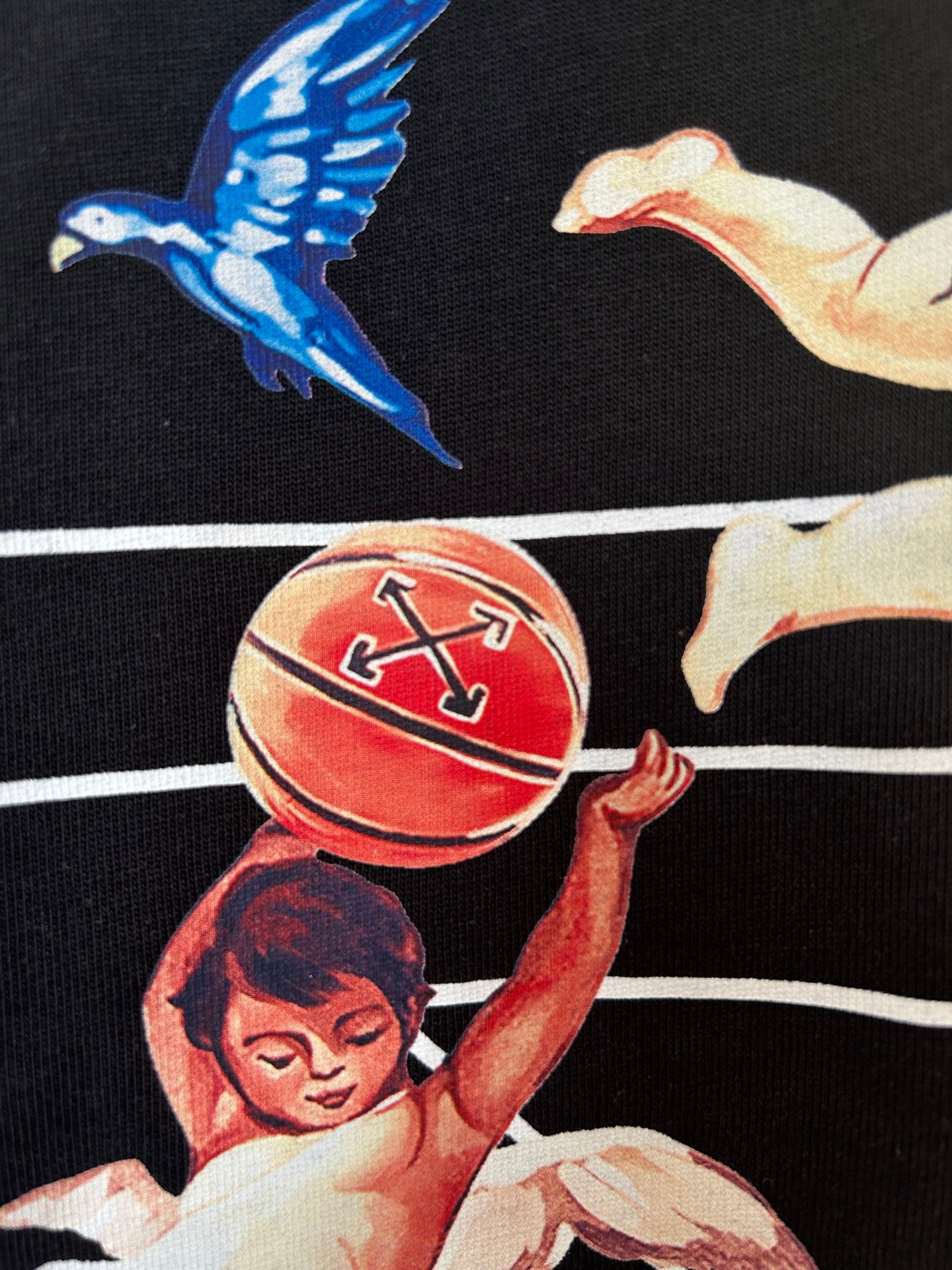 Black T-shirt close-up: flying birds and basketball illustration graphic