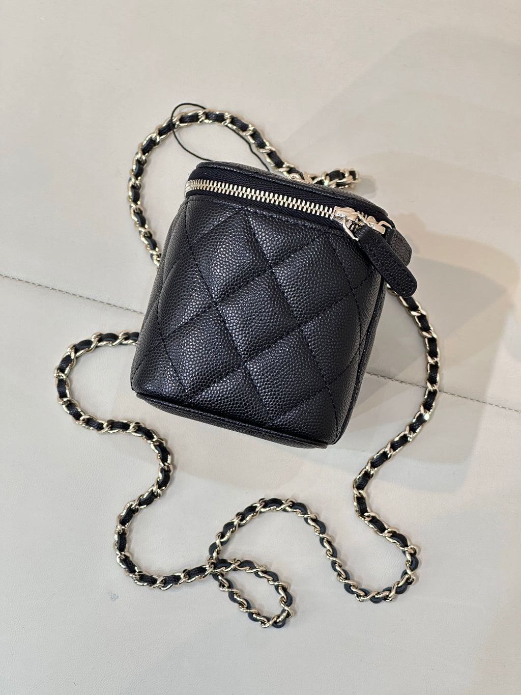 Chanel quilted mini bag, dark navy, short top handle and long chain strap