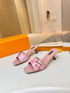 Pink Louis Vuitton ladies mule shoes with flower print and gold-tone buckle strap