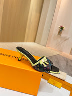 Louis Vuitton ladies mule sandals with multicolor monogram upper and lime green trim