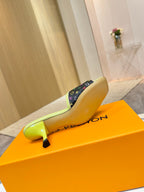 Louis Vuitton ladies mule sandals, lime green heel and trim with multicolor monogram upper