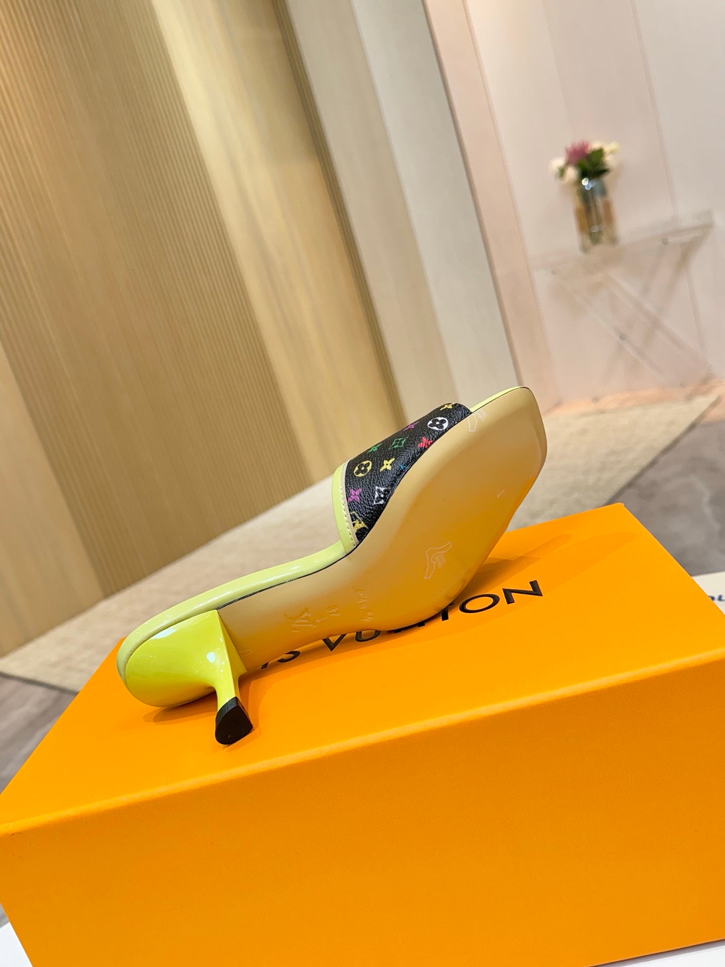 Louis Vuitton ladies mule sandals, lime green heel and trim with multicolor monogram upper