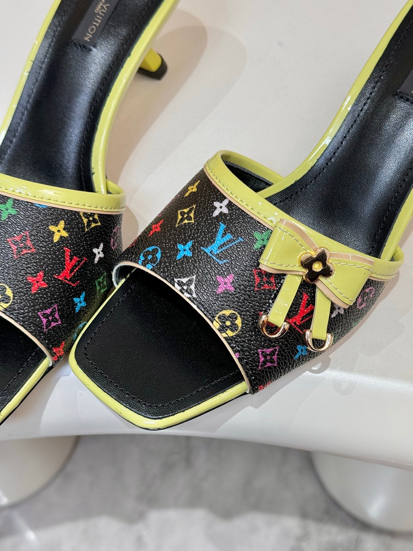 Louis Vuitton ladies mule sandals, multicolor monogram slide with lime green trim and buckle