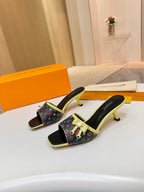 Louis Vuitton ladies mule sandals, multicolor monogram with lime green straps and kitten heels