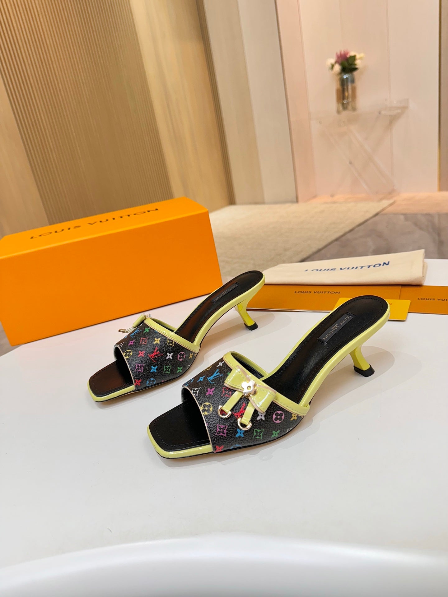 Louis Vuitton ladies mule sandals, multicolor monogram with lime green straps and kitten heels