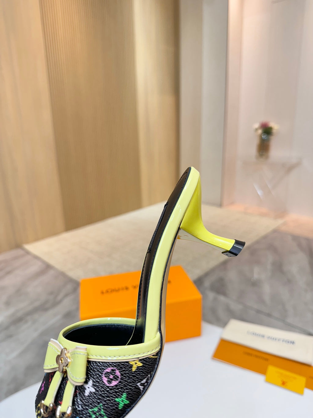 Louis Vuitton ladies mule sandal with multicolor monogram vamp, lime green trim and kitten heel