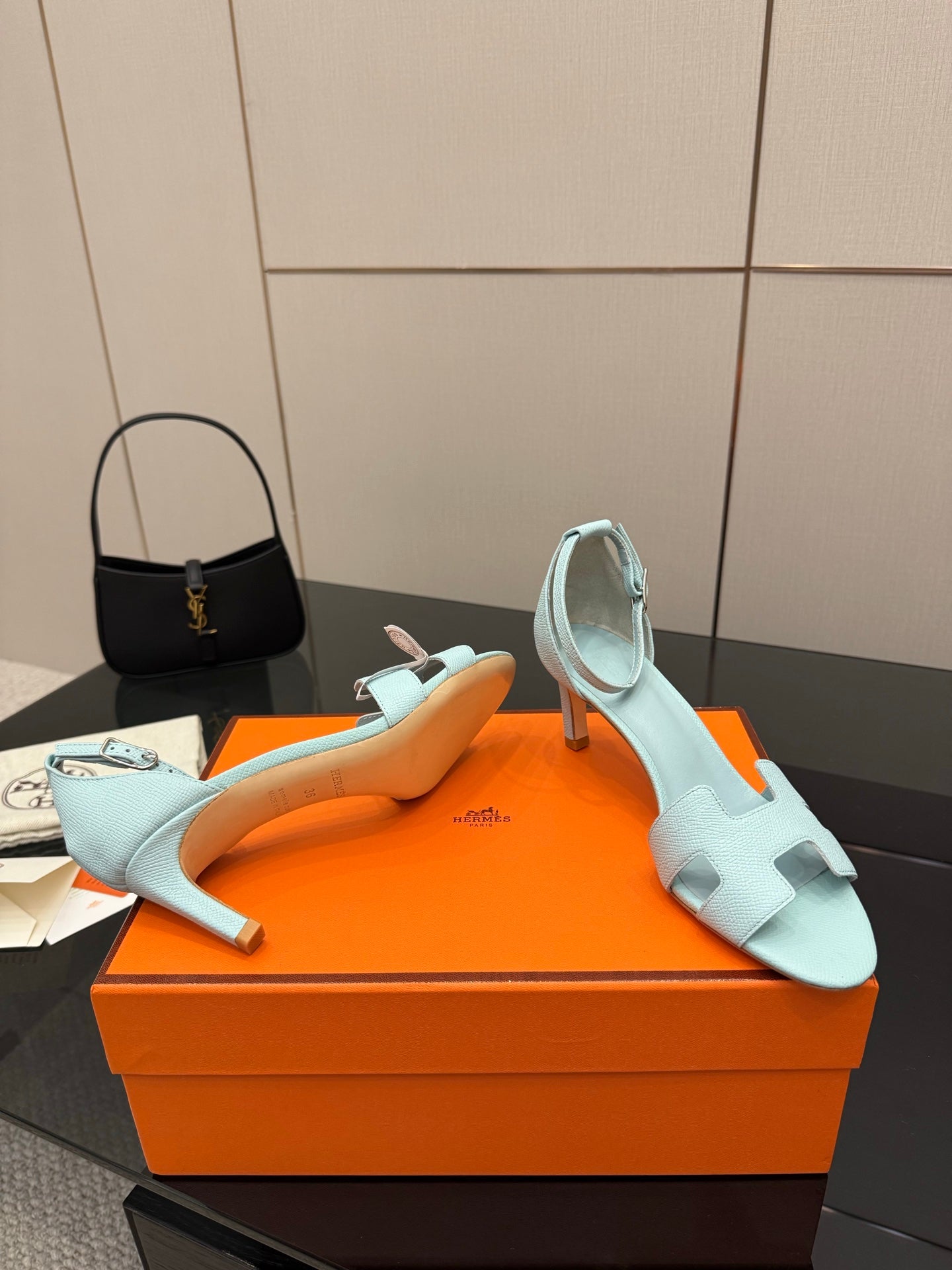 Hermes women's light-blue leather slingback sandals, open toe with slim stiletto heel