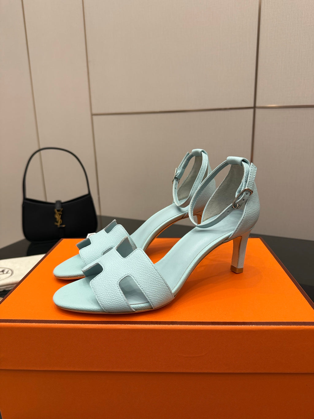 Hermes women's light-blue leather slingback sandals, front strap and stiletto heel
