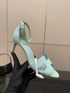 Hermes women's light-blue leather slingback sandal, close-up heel and side strap