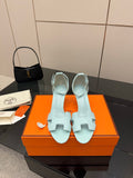 Hermes women's light-blue leather slingback sandals, open toe, medium stiletto heel