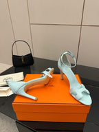 Hermes women's luxury shoes, light blue slingback sandals with stiletto heel and T-strap