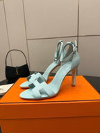 Hermes women's luxury shoes, light blue leather heeled sandals with forefoot buckle strap