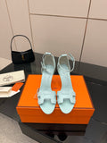 Hermes women's luxury shoes, light blue slingback heel sandals with ankle buckle