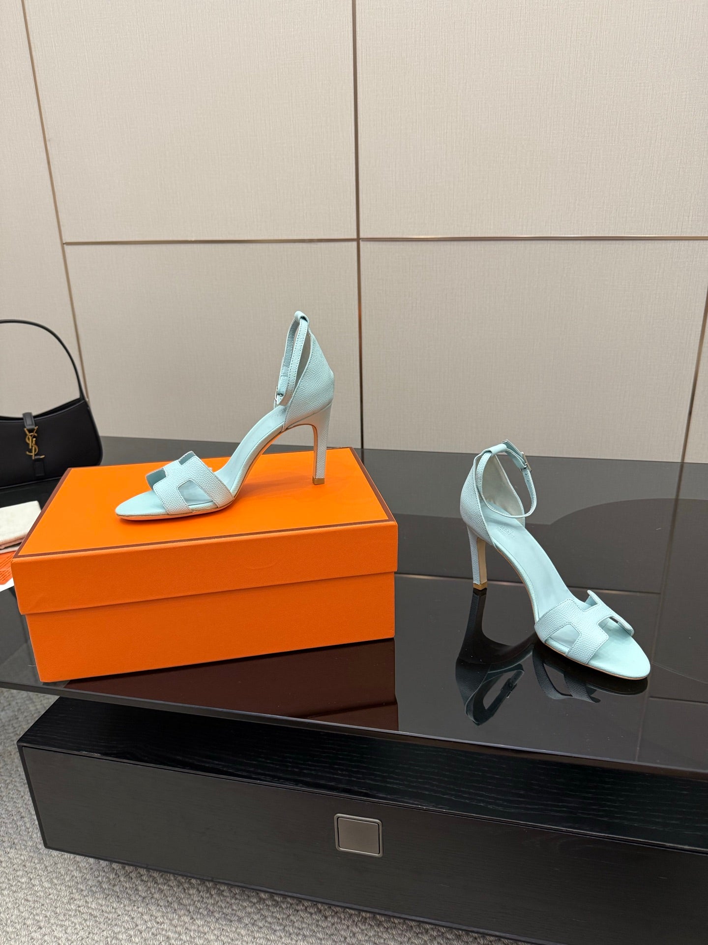 Hermes women's luxury shoes, light blue slingback sandals side view with stiletto heel