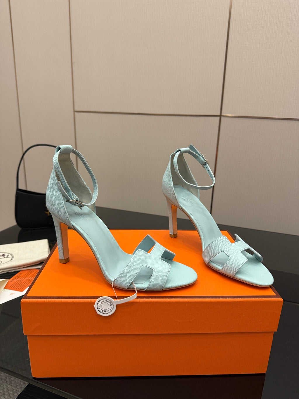 Hermes women's luxury shoes, light blue heeled sandals with open toe and ankle strap