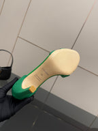 Hermes ladies green heeled sandal sole, showing printed branding